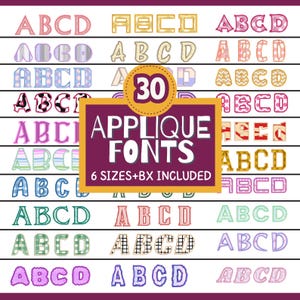 Könnte beinhalten: Eine digitale Sammlung von 30 Applique-Schriftarten mit verschiedenen Mustern, Farben und Stilen der Buchstaben A, B, C und D. Eine zentrale violette und gelbe Grafik zeigt den Text 30 APPLIQUE FONTS 6 SIZES+BX INCLUDED in weißer Schrift.
