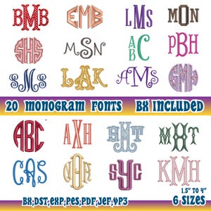 May include: A digital collection of 20 embroidery monogram fonts featuring various styles, colors, and letter combinations. The text 20 MONOGRAM FONTS BX INCLUDED and 1.5" TO 4" 6 SIZES is visible along with file formats BX, DST, EXP, PES, PDF, JEF, VP3.