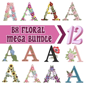 Bx Floral Font Embroidery, A-Z Full Flower Alphabet Machine Embroidery Designs, Uppercase Letters, BX font -6 sizes - Instant Download