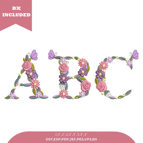 Bx Floral Font Embroidery, A-Z Full Flower Alphabet Machine Embroidery Designs, Uppercase Letters, BX font -6 sizes - Instant Download
