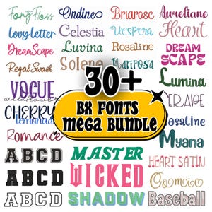 May include: A collection of over 30 different BX fonts in various styles, including script, serif, and display fonts. The fonts are in a variety of colors, with the words "30+ BX FONTS MEGA BUNDLE" in a yellow and black banner.