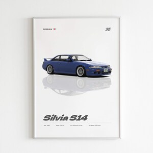 May include: A framed print featuring a blue Nissan Silvia S14 car. The car is reflected below. The print includes the text "Silvia S14" and specifications: year 1993, power 200 hp, 0-100 km/h 7.5 sec, top speed 230 km/h.