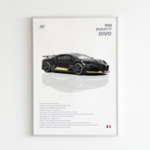 May include: A framed print showing a black Bugatti Divo model car with gold detailing. The print includes the text "2018 Bugatti Divo" and technical specifications. The car is reflected on a white surface.