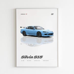 May include: A framed print showing a light blue Nissan Silvia S15 car. The image includes the car's reflection on a white background. The print features the text "Silvia S15" and details like power and top speed, in km/h.