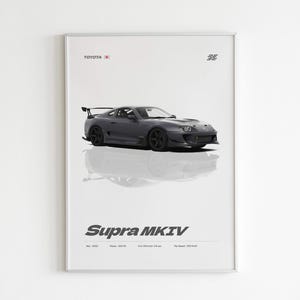 May include: A framed print featuring a dark gray Toyota Supra MKIV sports car. The car is depicted in a minimalist style with a reflection below. The text "Supra MKIV" is at the bottom, along with specifications. The Toyota logo is in the top left.