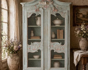 Antique French Armoire, Hand Painted Floral Cabinet,Distressed Blue Green Wardrobe, Statement Storage