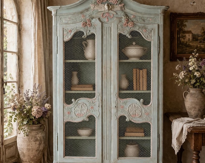 Antique French Armoire, Hand Painted Floral Cabinet,distressed Blue ...