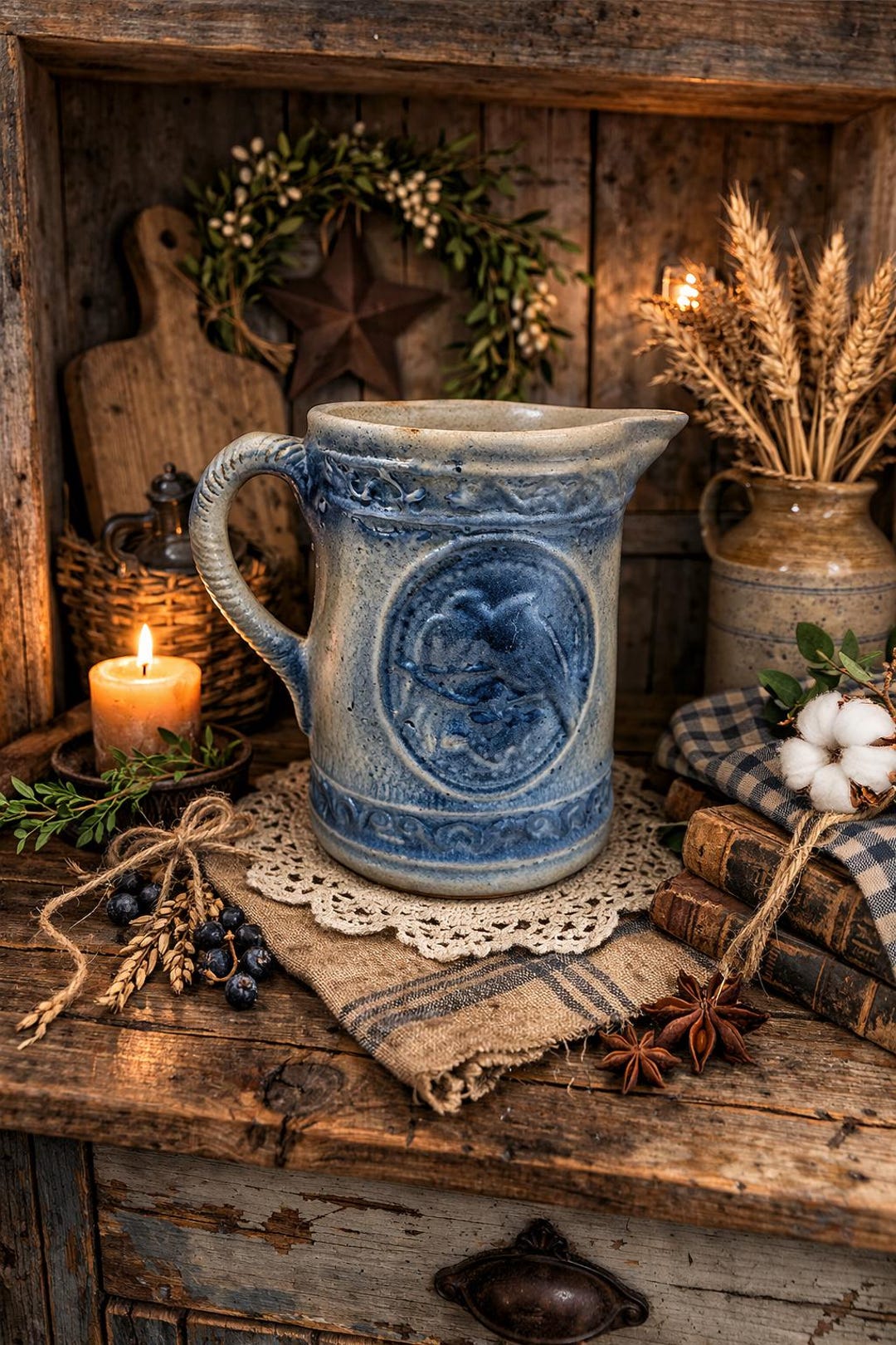 Bone Inlay Rice Pitcher Primitive Vintage Blue Stoneware Pitcher Primitive Farmhouse Jug Rustic Americana ...