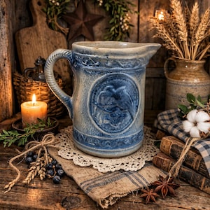 May include: A blue and gray stoneware pitcher with a bird design, set on a rustic wooden surface. The pitcher is surrounded by a candle, books, and decorative elements, creating a vintage aesthetic.