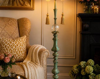 Vintage Ornate Turquoise Floor Lamp, Hollywood Regency Style, Dual Arm Pull Chain Lamp, Crystal Accent Tall Statement Lighting