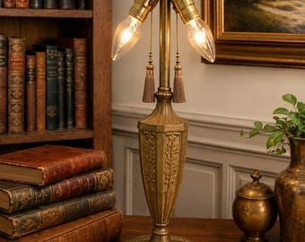 Antique Double Light Boudoir Lamp Pull Chain Table Lamp Ornate Cast Metal Brass Tone Floral Motif 1920s 1930s