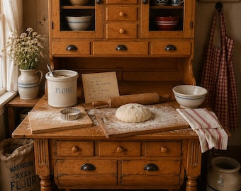Antique Oak Hoosier Cabinet, Original Glass Doors, Flour Bins, Dough Boards, Casters