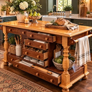 May include: A large wooden kitchen island featuring a light-toned countertop and a dark-toned base with multiple open drawers and shelves. The island includes turned legs, a side towel bar with a striped cloth, and storage for kitchenware.