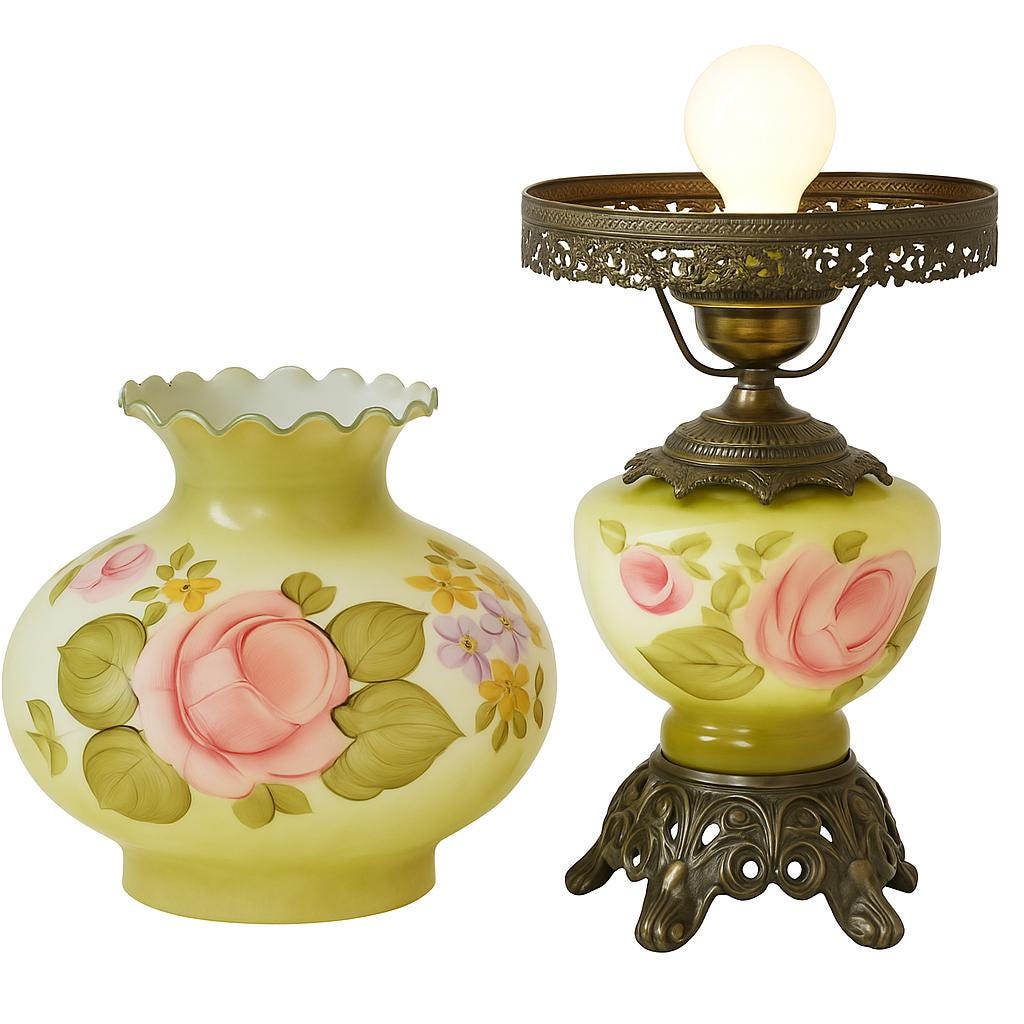 Hand Painted Yellow-Multicolor Fenton Hurracaine Glass Lamp