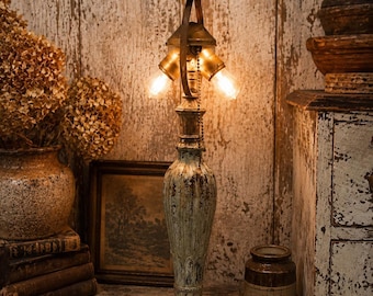 Vintage Distressed Table Lamp, Rustic Cottage Lamp, Chippy Paint Patina Lighting, Farmhouse Accent Lamp, Multi Socket Lamp