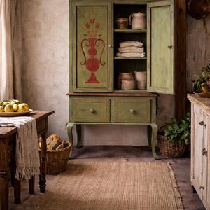 May include: A distressed green cabinet with red floral accents, open to reveal shelves with folded linens and pottery. The cabinet has two drawers and stands on curved legs. A woven rug and wooden table are in the foreground.