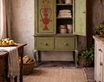 Hand Painted Folk Art Cabinet, Distressed Green Scandinavian Cupboard, Statement Storage Drawers