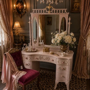 May include: A light pink vanity table with a central mirror, multiple drawers, and ornate carvings. A matching chair with a deep magenta velvet seat and a light pink silk robe with lace trim draped over it sits in front of the vanity table.