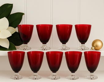 Set of 9 Vintage Ruby Red glasses-Holiday Entertaining, Collectible Barware, Retro Mid Century Drinkware