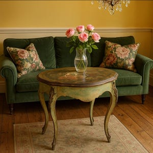 May include: A vintage-style, oval coffee table with a distressed green finish and ornate legs. The table supports a glass vase of pink roses. A green velvet sofa with floral pillows is in the background.