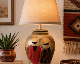Vintage Southwestern Pottery, Table Lamp Hand Painted, Mexican Folk Art Santa Fe, Boho Decor