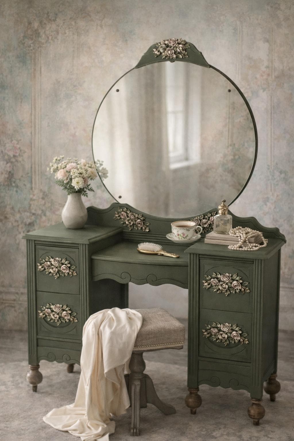green emerald velvet dress Olive Dragonfly Vanity Stool Green Floral Rubberwood main image 1