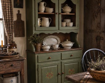 Vintage Primitive Olive Green Farmhouse Hutch, Country Cupboard, Painted Storage Cabinet, Rustic Kitchen Panty