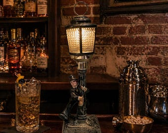 Vintage Gentleman Street Lamp Music Box, Novelty Bar Decor Light, Aged Patina