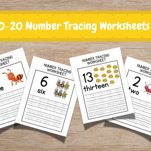 Może przedstawiać: Edukacyjne arkusze do śledzenia liczb, zawierające liczby 1, 2, 6 i 13. Każdy arkusz zawiera liczbę, słowo i linie do śledzenia. Kolorowe ilustracje mrówki, biedronek i innych owadów towarzyszą liczbom. Żółty baner głosi "0-20 Number Tracing Worksheets."