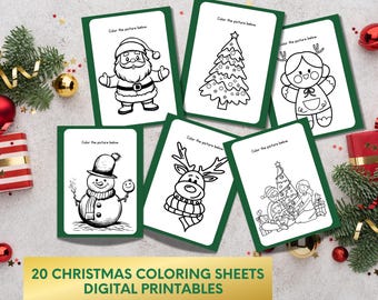 Può includere: Una collezione di fogli da colorare a tema natalizio con bordi verdi, con illustrazioni di Babbo Natale, un albero di Natale, un pupazzo di neve e renne. Il testo recita "20 CHRISTMAS COLORING SHEETS DIGITAL PRINTABLES".