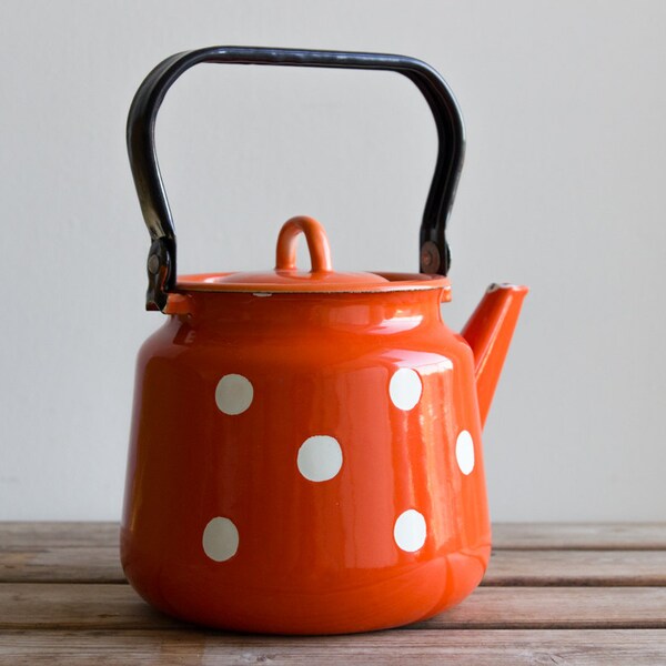Vintage Tea Kettle Coffee Pot  Enamelware  enamel kitchen decor Soviet USSR farmhouse red polka dots
