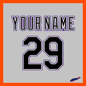 May include: A gray background with the text "YOUR NAME" in black letters with a purple outline, above the number "29" in black with a purple outline. An orange border frames the image, with a small blue and orange Long Island outline in the bottom right corner.