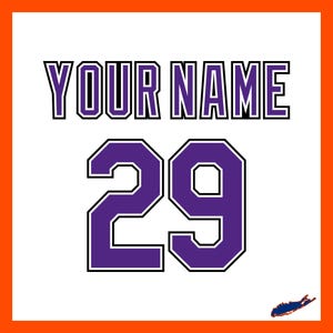 May include: White background with the text "YOUR NAME" in purple block letters above the number "29" in purple. The number has a white outline. A small blue and orange graphic is in the bottom right corner.