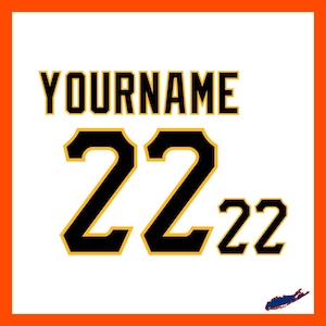 May include: White background with the text "YOURNAME" in black and gold lettering. Below is the number "22" in black with gold trim, and a smaller "22" below. An orange border frames the design.