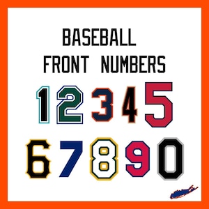 May include: A graphic showing baseball front numbers in different colours. Numbers 1 to 0 are displayed, each with a unique colour scheme and design. The text "BASEBALL FRONT NUMBERS" is at the top.