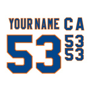May include: A custom sports jersey graphic featuring the text YOUR NAME in blue with orange outlines, followed by the letters C A and the number 53 in a large blue font with orange borders, plus smaller versions of the number 53 in blue and orange.