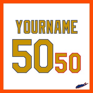 May include: White background with an orange border featuring the text "YOURNAME" in gold with a blue outline. Below, the number "50" is in gold with a blue outline, and "50" in red with a gold outline. A blue and white graphic is in the bottom right corner.