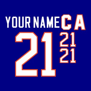 May include: A graphic design on a deep blue background featuring the text YOUR NAME in white with orange outlines. Below this, a large number 21 is displayed in white with orange outlines, accompanied by the letters CA and the number 21 repeated twice.