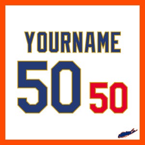 May include: White background with an orange border featuring the text "YOURNAME" in blue and gold. Below, a large blue and gold "50" is displayed, with a smaller red "50" to the right. A Long Island outline is in the bottom right.