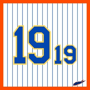 May include: A square design featuring the number "19" in blue with a gold outline, set against a white background with blue vertical stripes. An orange border frames the design, with a small graphic in the lower right corner.