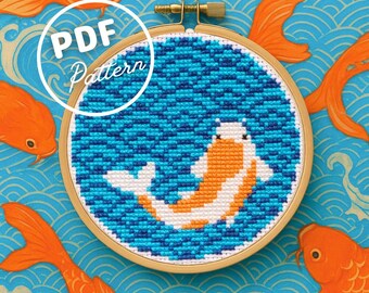 鯉の池のクロスステッチ図案 PDF ダウンロード、鯉のクロスステッチ