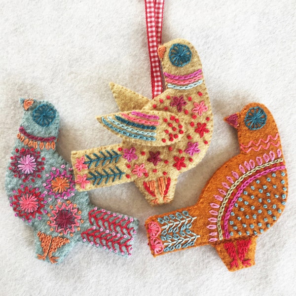 Three French Hens Decorations to make and embroider