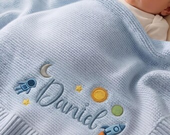 Personalized Embroidered Space Baby Blanket With Name, Custom Astronaut Rocket Blanket, Welcome Baby Blanket, Nursery Keepsake, Newborn Gift