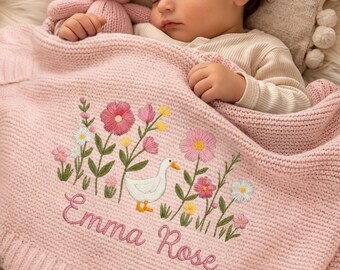 Custom Embroidered Baby Blanket Floral Duck - Personalized Name Baby Blanket, Welcome Baby Blanket, Nursery Keepsake, Newborn Gift For Baby