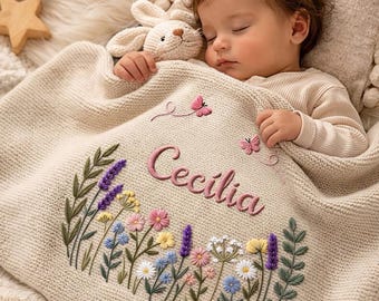 Personalized Wildflower Embroidered Baby Blanket, Custom Name Knitted Throw, Welcome Baby Blanket, Nursery Keepsake, Newborn Gift For Baby