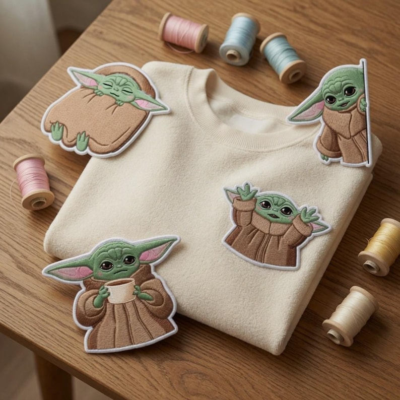 May include: Cream-colored sweatshirt with several embroidered patches of a green alien character. The patches depict the character in various poses. Spools of thread in pink, blue, and beige are scattered around the sweatshirt on a wooden surface.