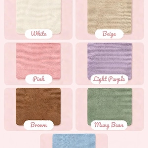 May include: Image showcasing a variety of rectangular blankets in different colors. The colors include white, beige, pink, light purple, brown, mung bean, and light blue. Each blanket has a textured surface, and the color is labeled below each blanket.