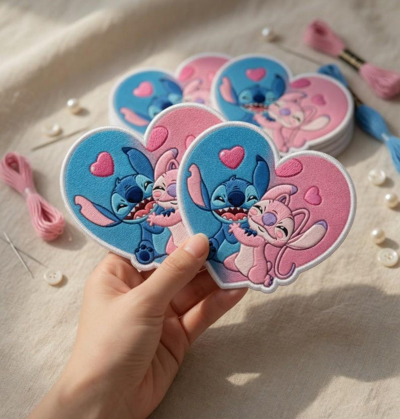 May include: Heart-shaped embroidered patches featuring the characters Stitch and Angel from Lilo & Stitch. The patches are blue and pink with a white border. The image also shows embroidery floss, needles, and buttons.
