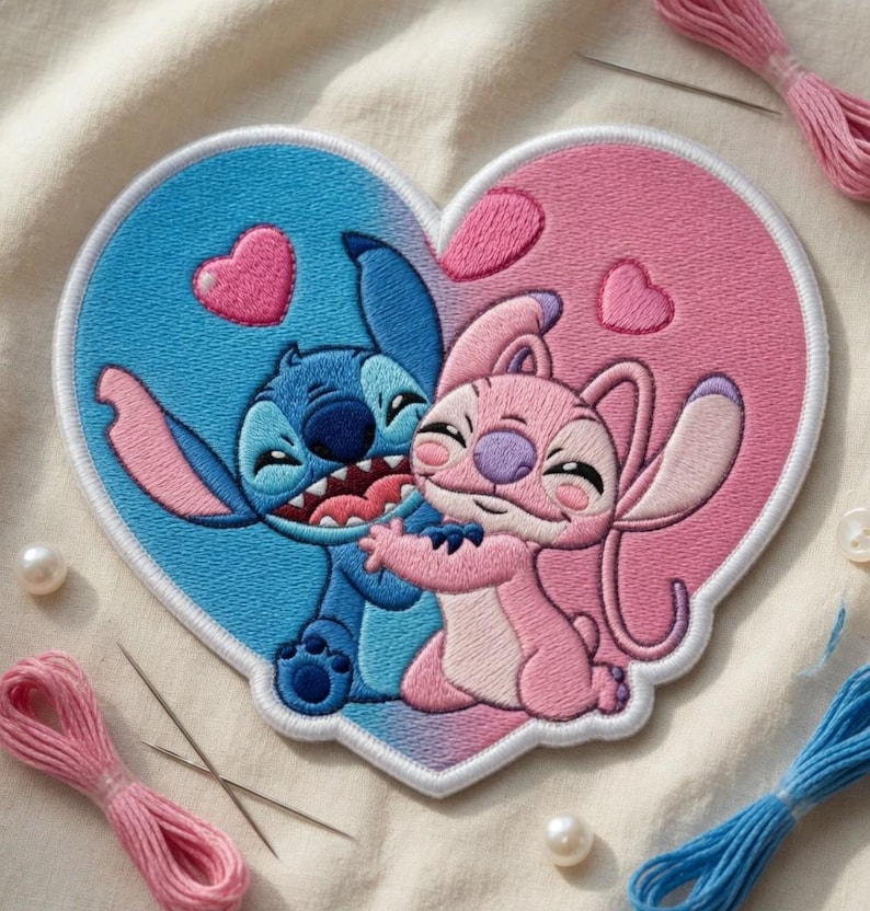 May include: Embroidered patch featuring Stitch and Angel embracing within a heart shape. The patch is divided into blue and pink sections, with heart-shaped accents. Pink and blue thread, needles, and pearls surround the patch.