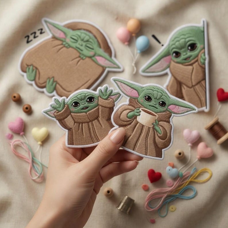 May include: Embroidered patches featuring the character Grogu from The Mandalorian. The patches depict Grogu in various poses, including sleeping, surprised, and holding a cup. The patches are brown, green, and tan.